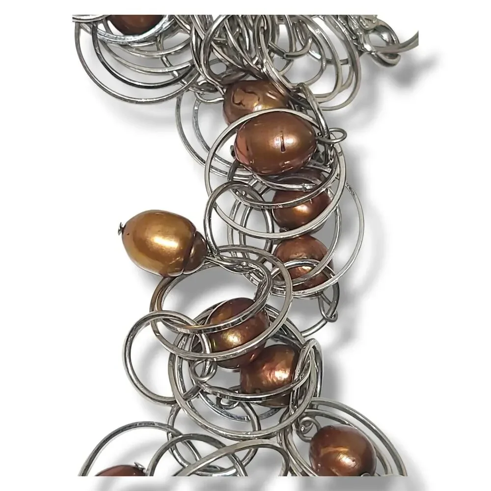 Silver Tone‎ Hoop Chain Bronze Potato Freshwater Pearls Station Necklace